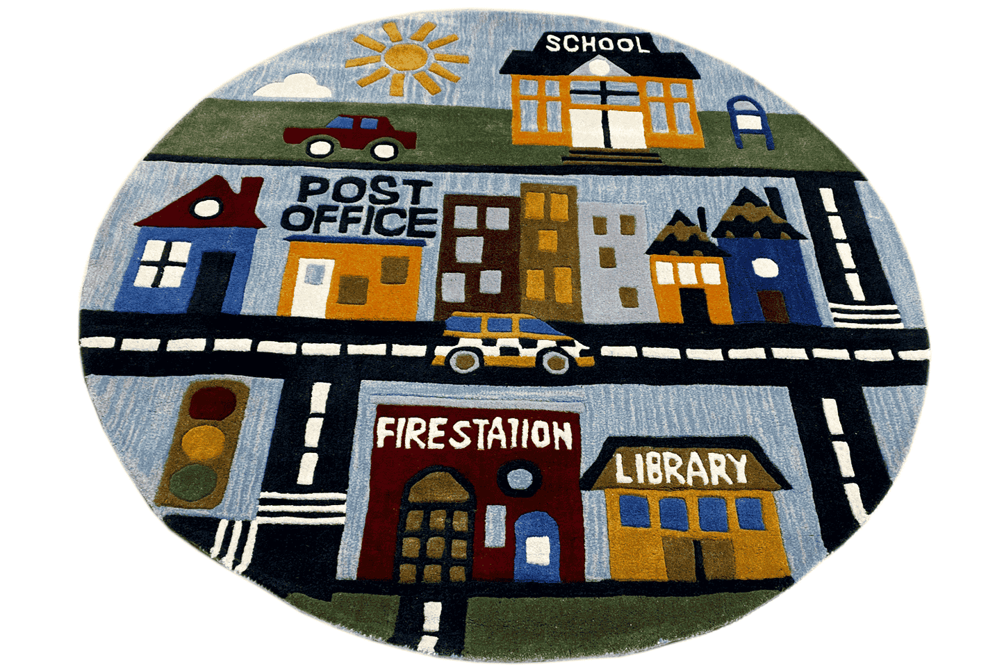 Stadt-Abenteuer - Handgetufteter Kinder-Stadtplan-Teppich, 150x150cm (4.9x4.9ft) - German Carpet Shop