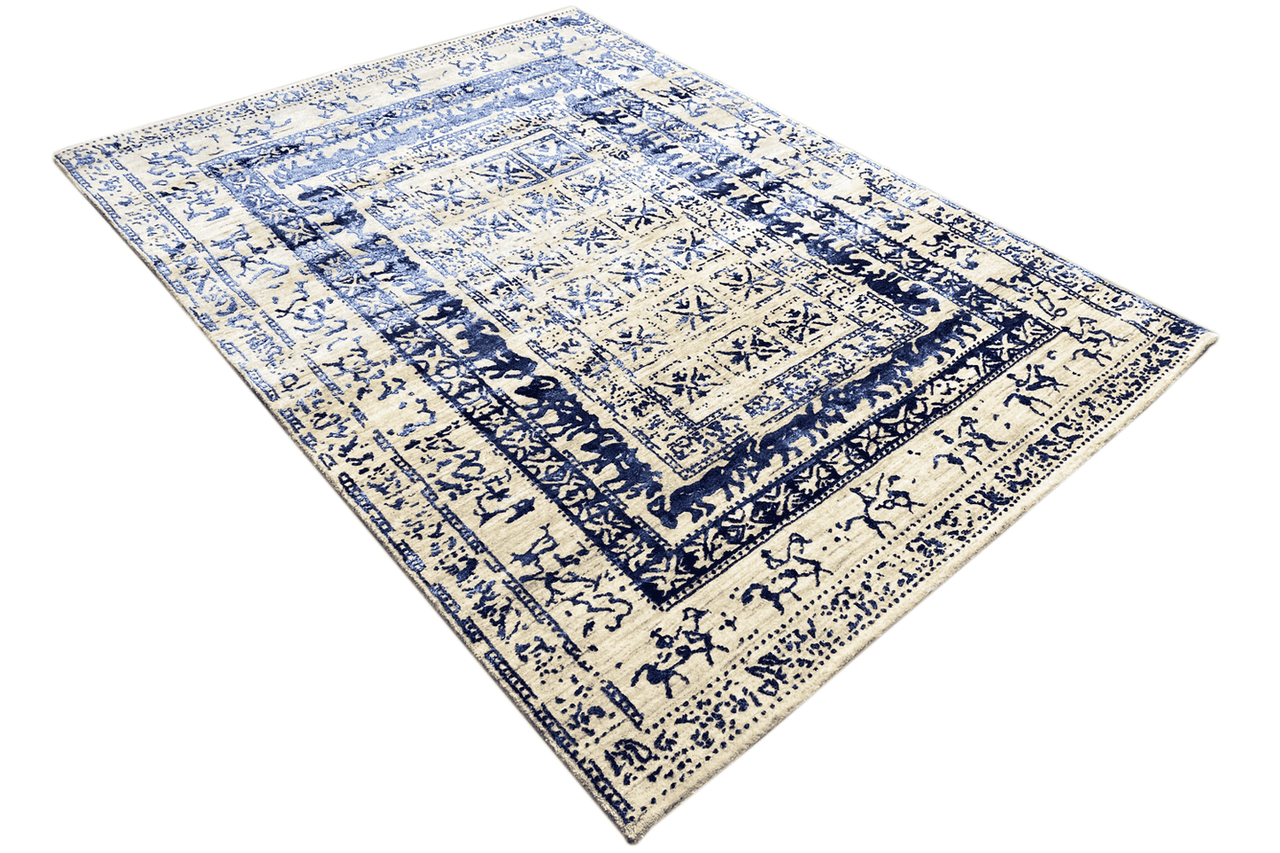 Moderner Beiger und Blauer Designer Teppich - Handgefertigt aus Wolle/Viskose, 235x171 cm (8x5.6 ft) - German Carpet Shop