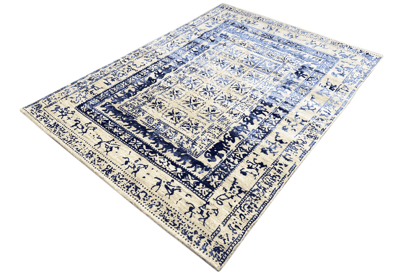 Moderner Beiger und Blauer Designer Teppich - Handgefertigt aus Wolle/Viskose, 235x171 cm (8x5.6 ft) - German Carpet Shop