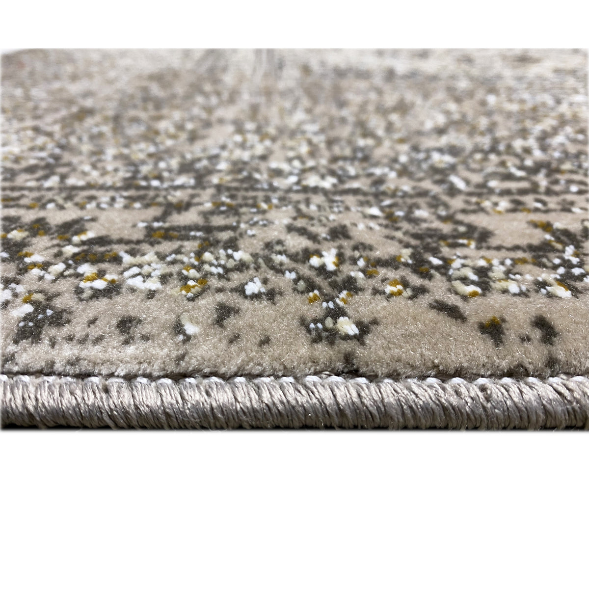 Borde de alfombra con flecos y pelo denso, marrón grisáceo con elementos de diseño beige