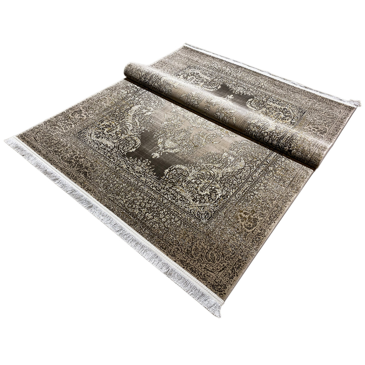Alfombra gris oscuro con diseño ornamental barroco beige y flecos