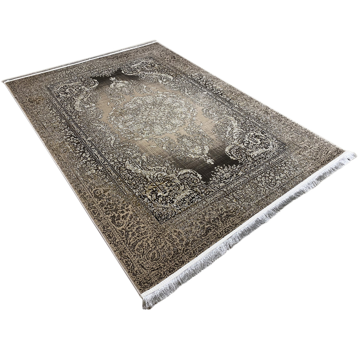 Alfombra colocada en diagonal, ornamentación vintage, marrón grisáceo y beige, con flecos