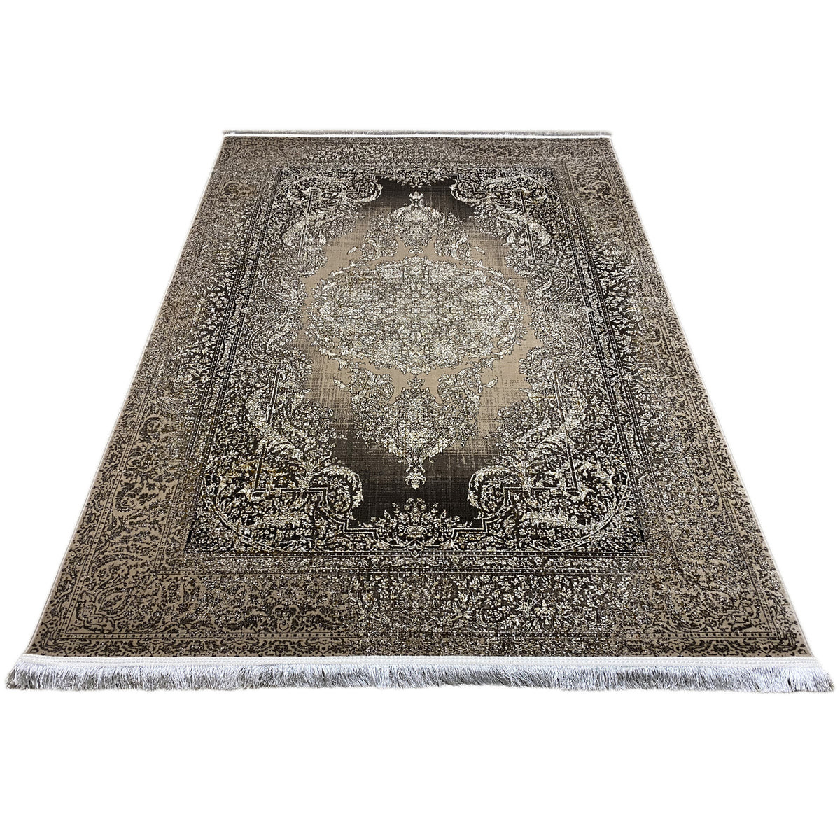 Alfombra con medallón central y diseño de marco, marrón grisáceo y beige, borde con flecos