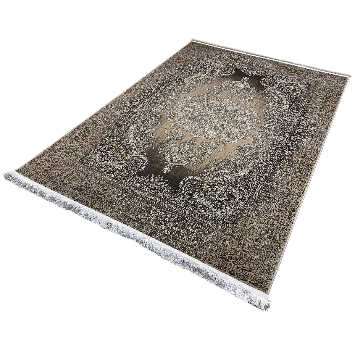 Alfombra colocada en diagonal, ornamentación vintage, marrón-gris/beige, remate de flecos blancos