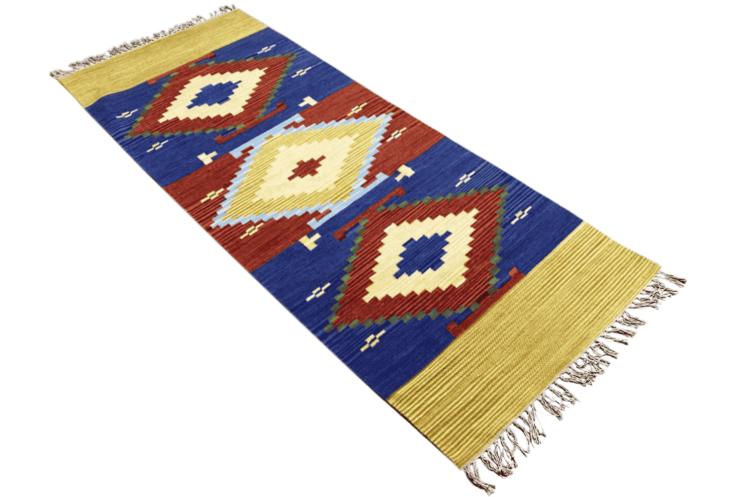 Handgewebter Wollen Kelim Dhurrie Läufer - 250x80cm (8.2x2.6ft) - Geometrisches Indisches Design - German Carpet Shop