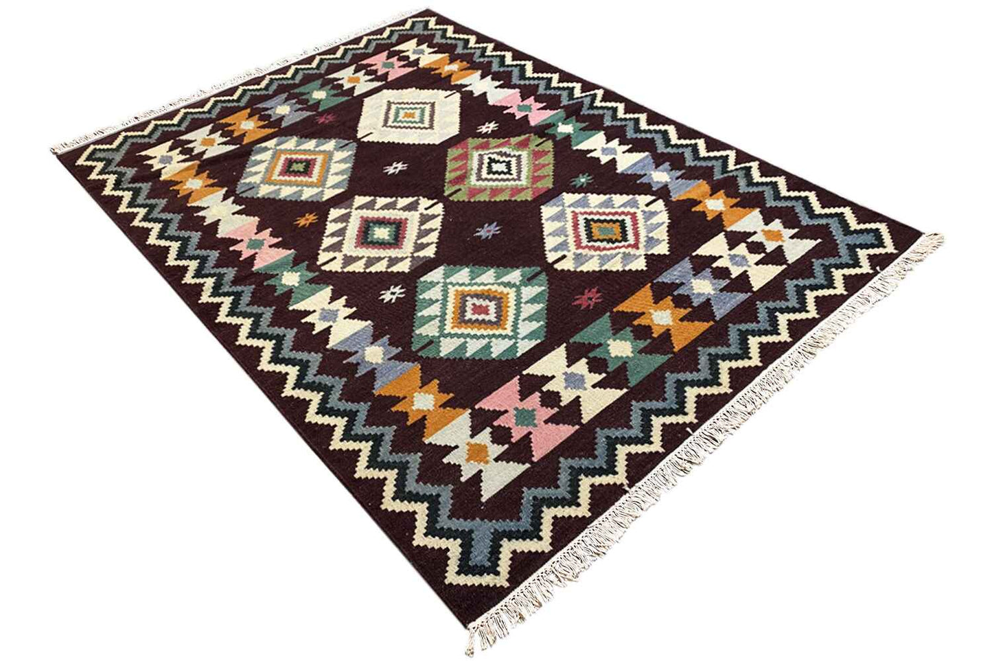 Tribal-Tapisserie - Handgewebter Wollen Kelim Dhurrie Teppich, 240x170cm (8x6ft) - German Carpet Shop