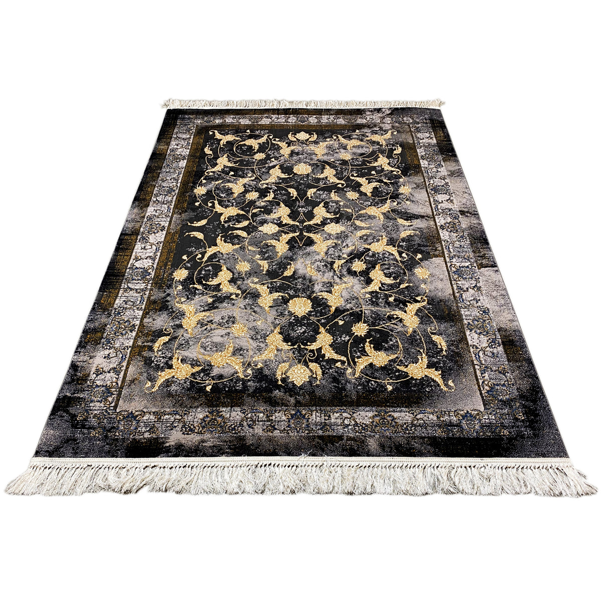 Alfombra Kenza de 160x230 cm: alfombra completa con ornamentos dorados y cenefa de flecos