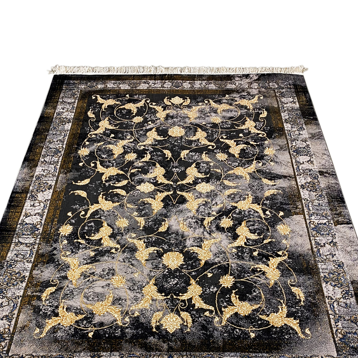 Alfombra Kenza de 160x230 cm: primer plano del diseño floral dorado sobre fondo oscuro