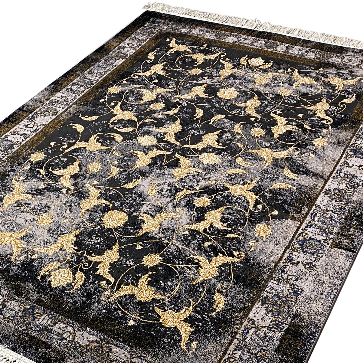 Alfombra Kenza de 160x230 cm: detalle de las enredaderas doradas sobre fondo oscuro