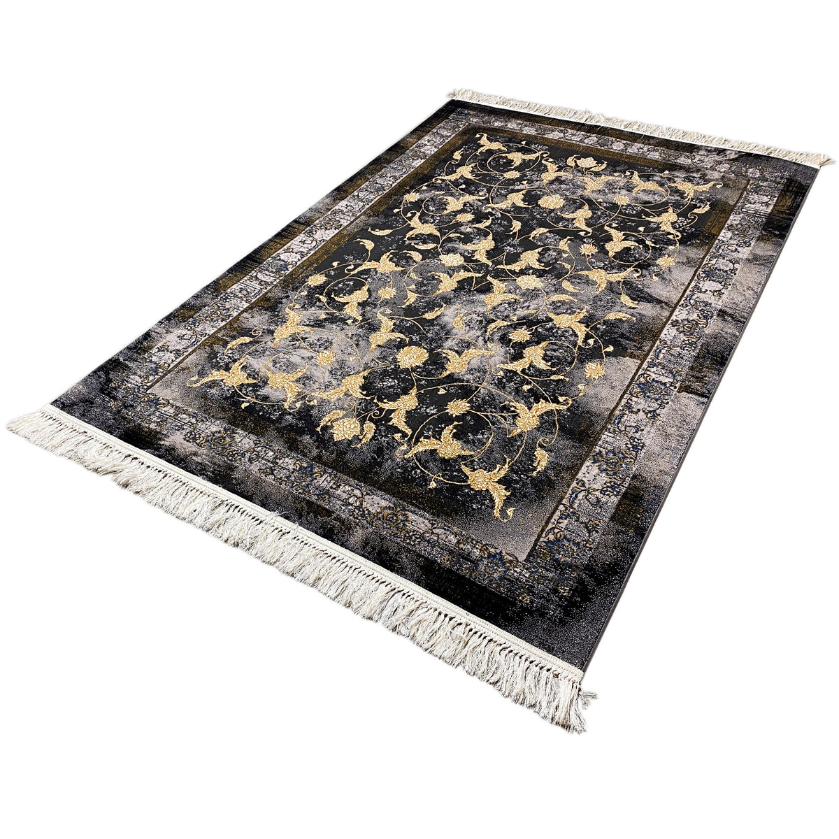 Alfombra Kenza de 160x230 cm: rectangular, fondo oscuro, motivos dorados, flecos