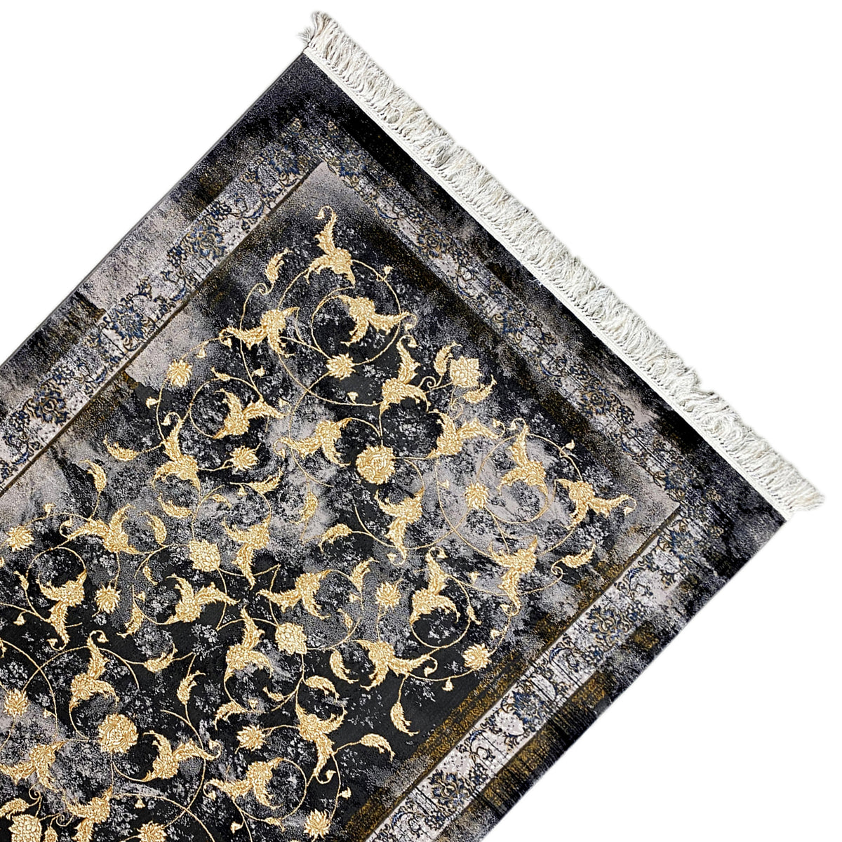 Alfombra Kenza de 160x230 cm, vista diagonal: pelo oscuro con adornos dorados