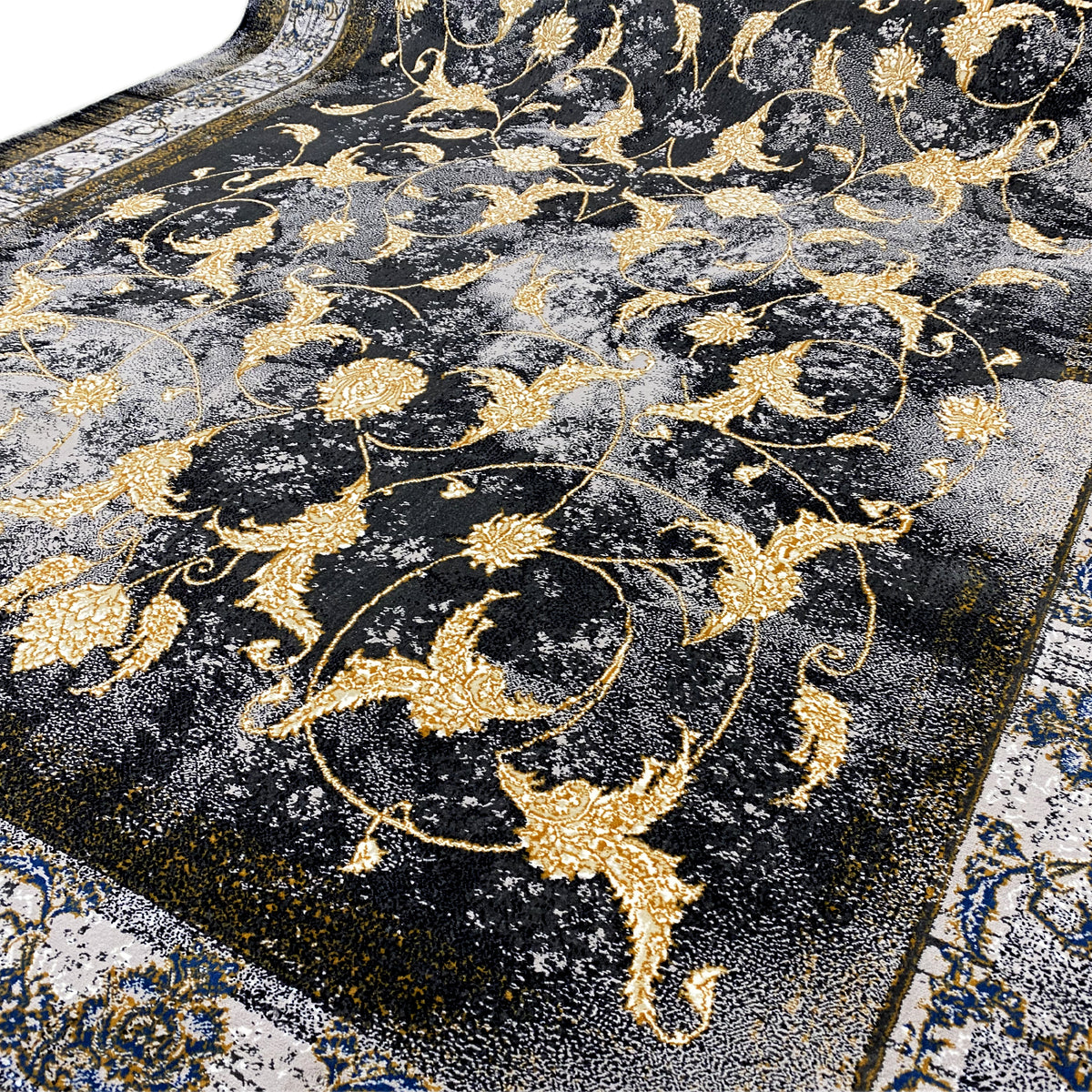 Alfombra de 160x230 cm, primer plano de zarcillos dorados y ornamentos florales sobre fondo oscuro