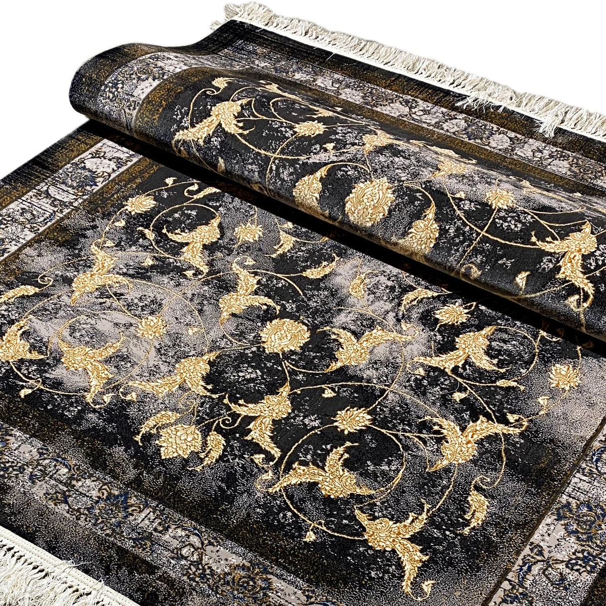Alfombra de 160x230 cm: pelo oscuro con un estampado barroco dorado y flecos