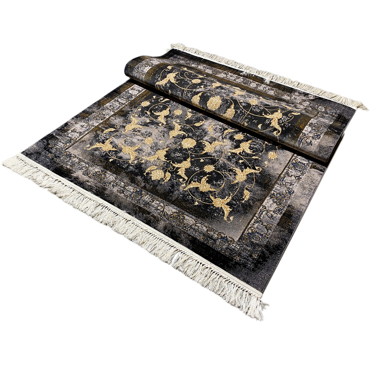 Alfombra Kenza 160x230 cm: enrollada, diseño oscuro con ornamentos dorados, flecos