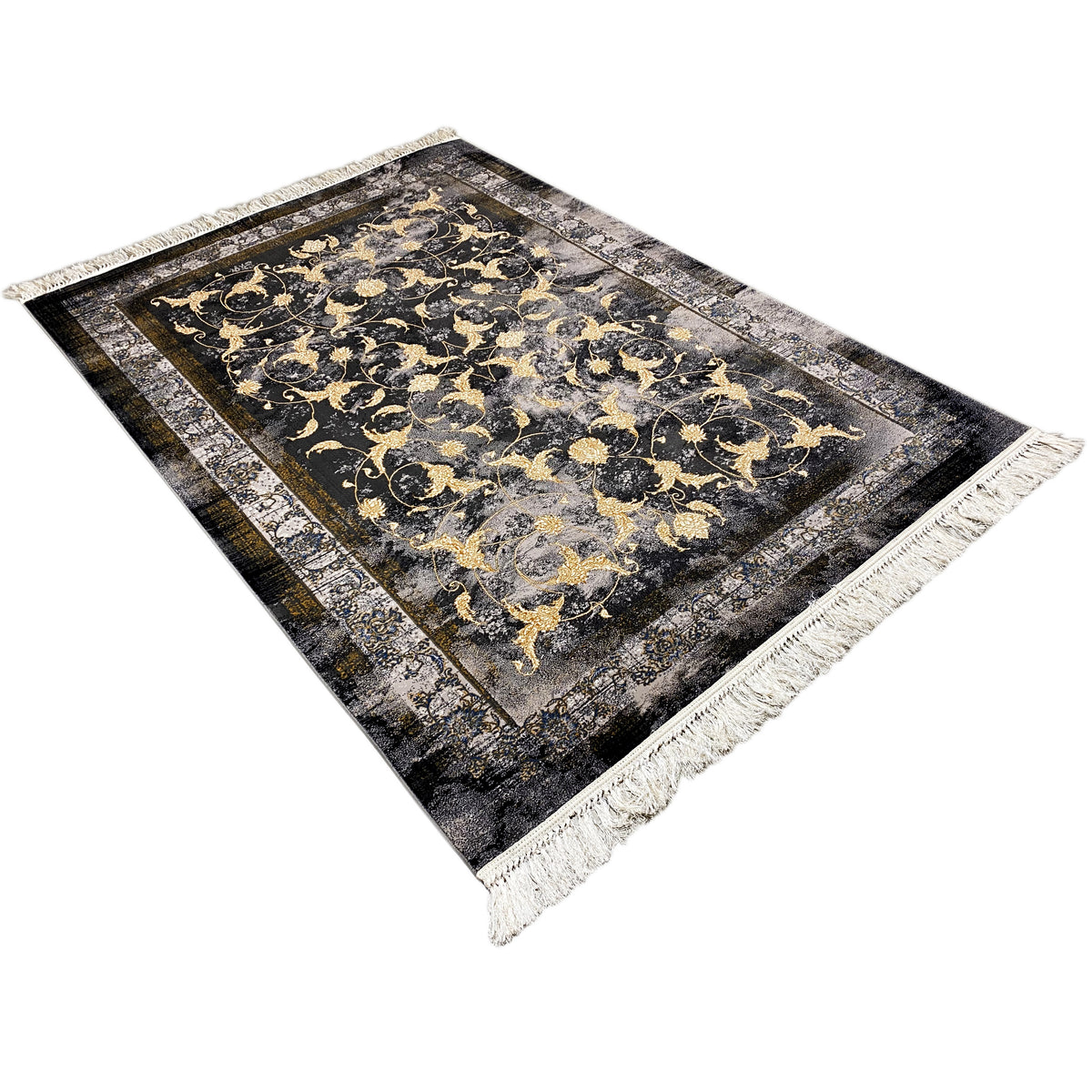 Alfombra Kenza de 160x230 cm: orientada en diagonal, ornamentos barrocos dorados, flecos