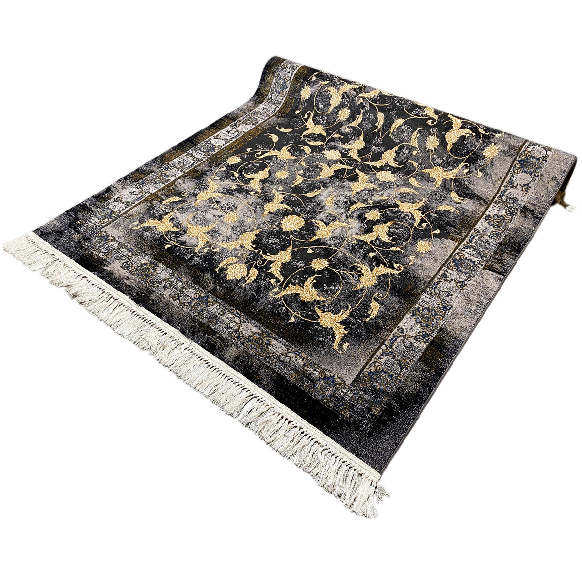 Alfombra de 160x230 cm, negra-gris oscuro con estampado ornamental dorado y flecos