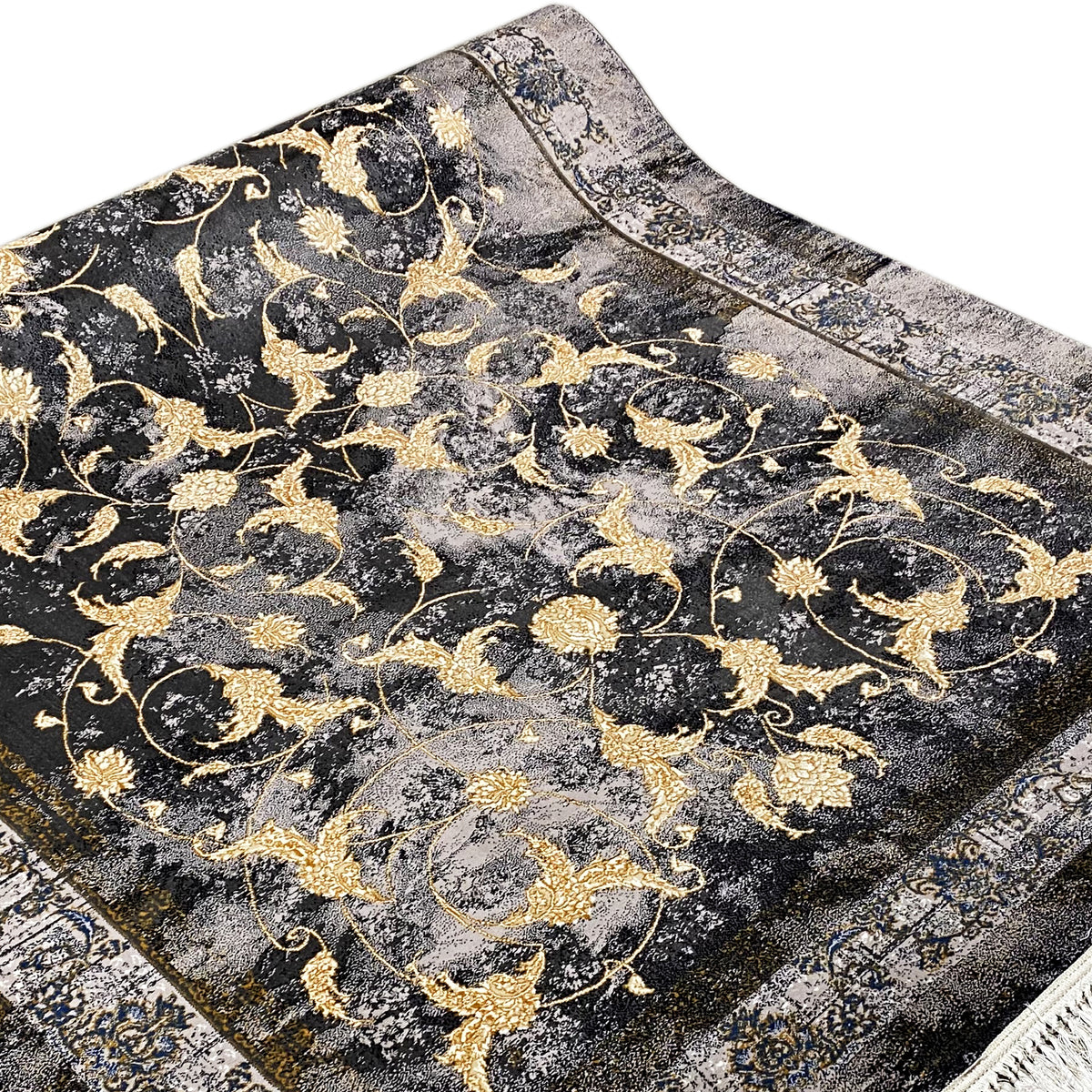 Alfombra de 160x230 cm: arabescos dorados sobre fondo oscuro con una amplia franja de cenefa