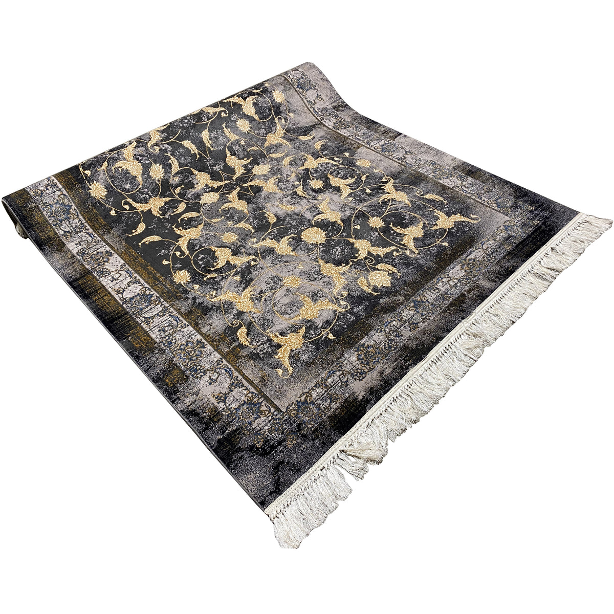 Alfombra de 160x230 cm con ornamento barroco dorado, borde con cenefa y flecos
