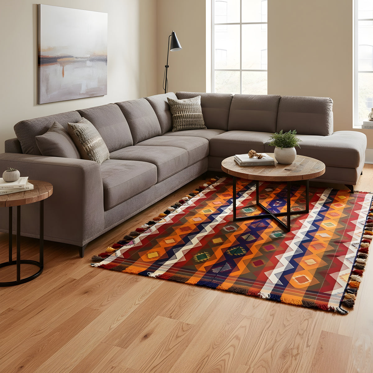 Alfombra de yute de 237x150 cm sobre suelo de madera con un marcado diseño de zigzag y rombos