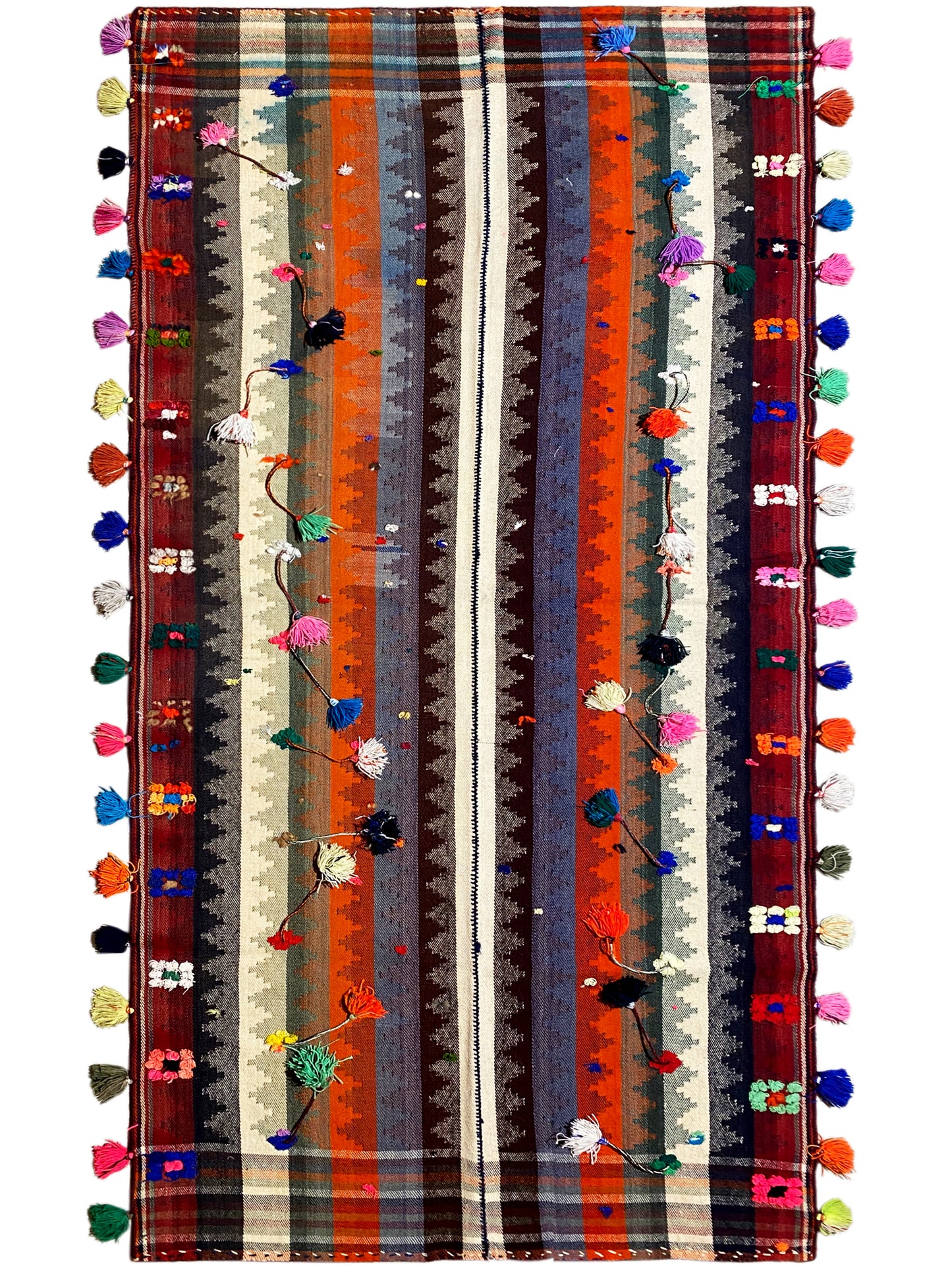 Schlafzimmer lebhafter Jajim Teppich aus Wolle mit bunten Troddeln