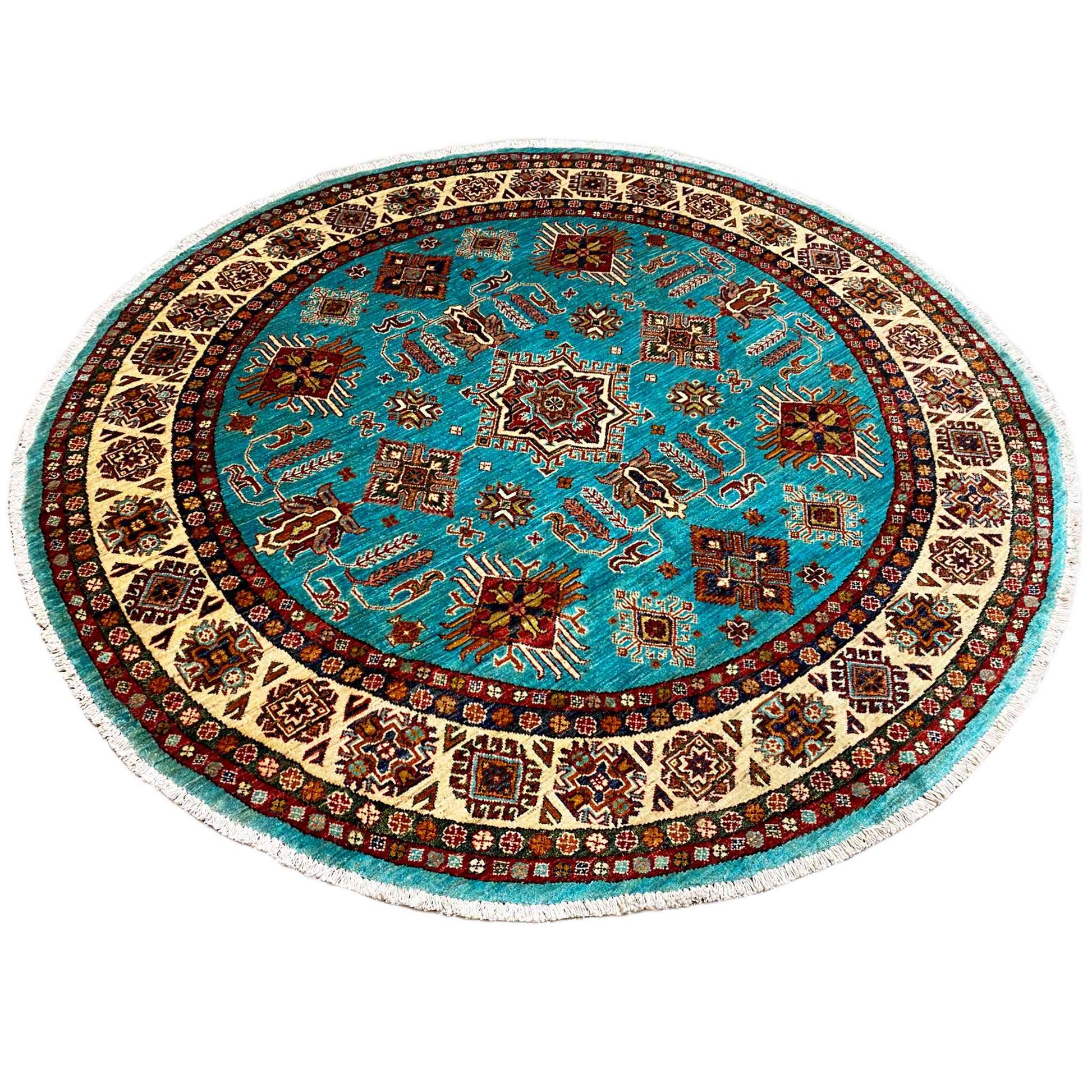 Türkisfarbener Runder Kazak Teppich, 184x185 cm - German Carpet Shop