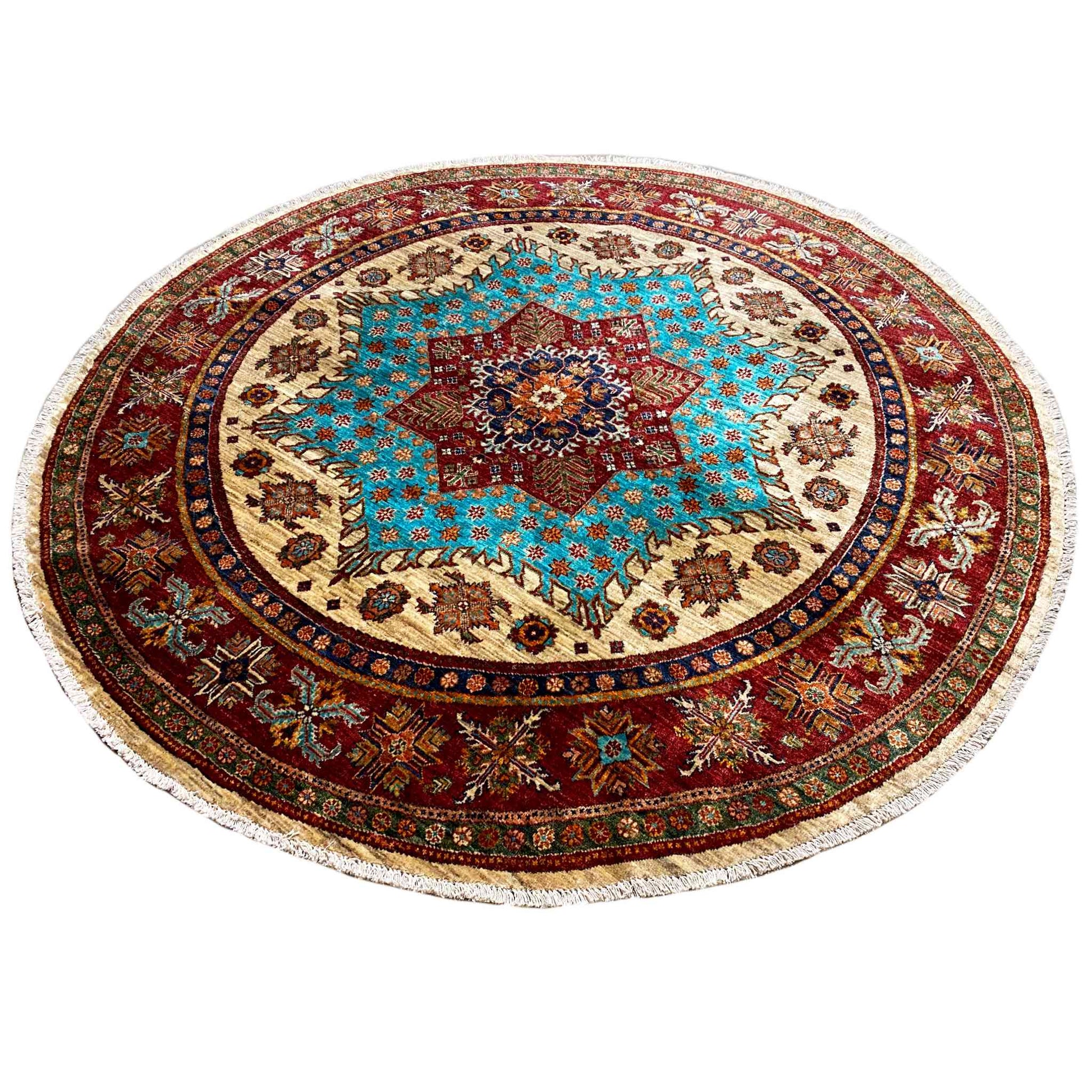 Türkis & Roter Runder Kazak Teppich, 204x204 cm - German Carpet Shop