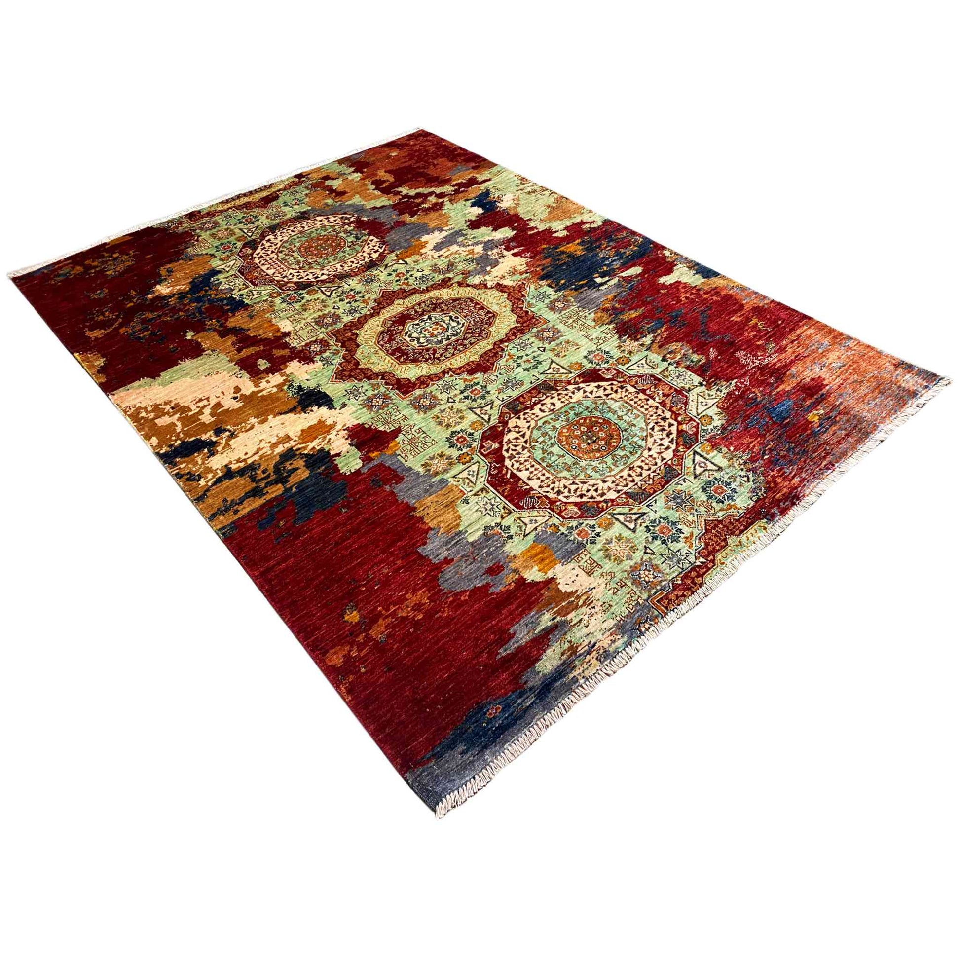 Mamluk Handgeknüpfter Teppich Rot Grün 237x176 cm - German Carpet Shop