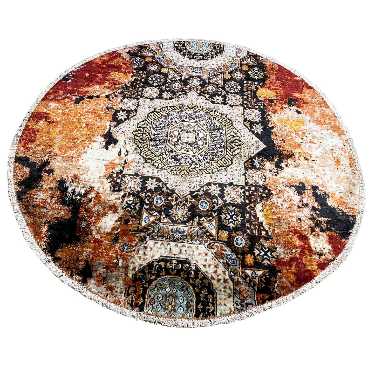 Afghanischer Mamluk Runder Handgeknüpfter Teppich Rot Beige 156x155 cm - German Carpet Shop