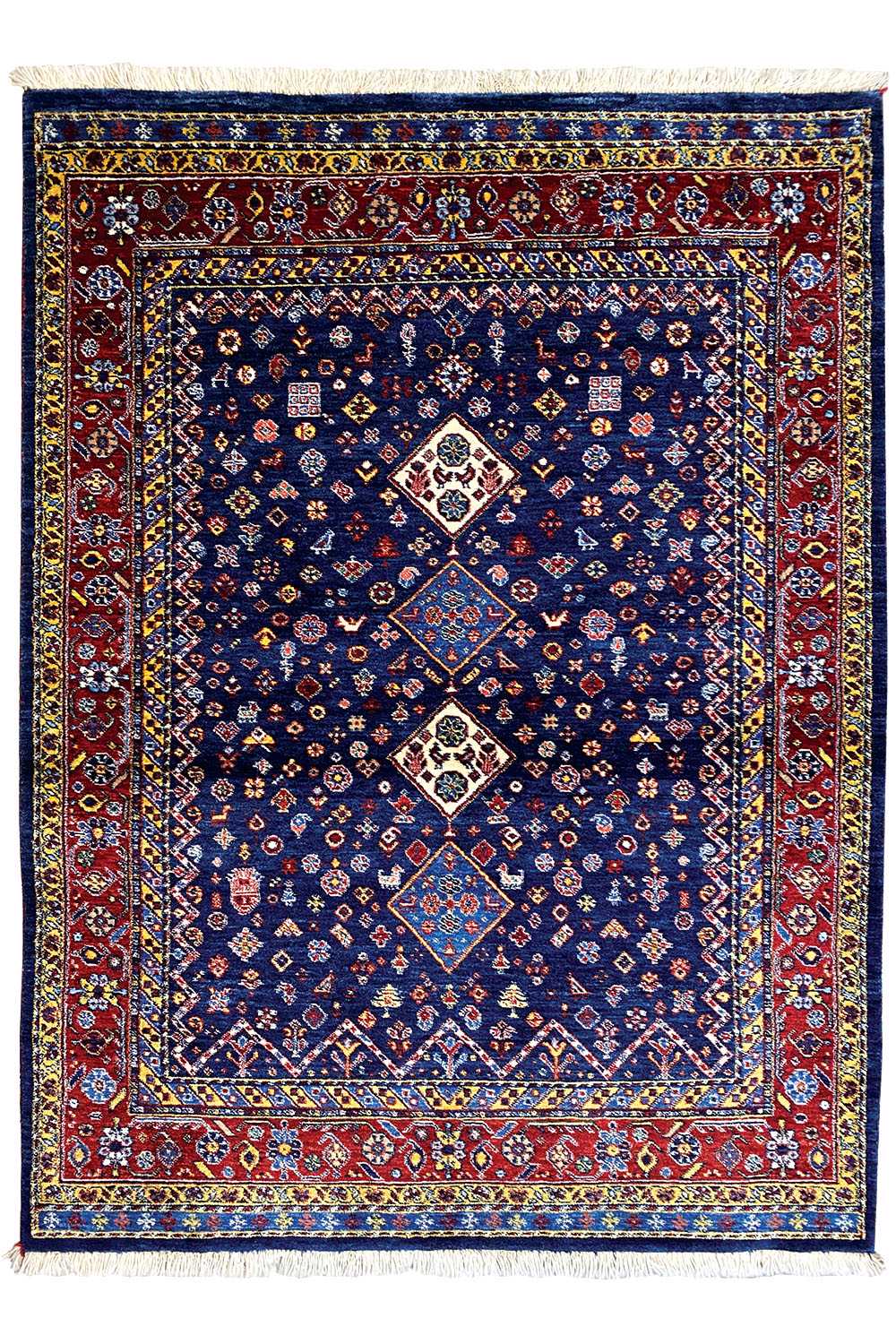 Alfombra oriental rectangular azul con cenefa roja y tres motivos de medallón
