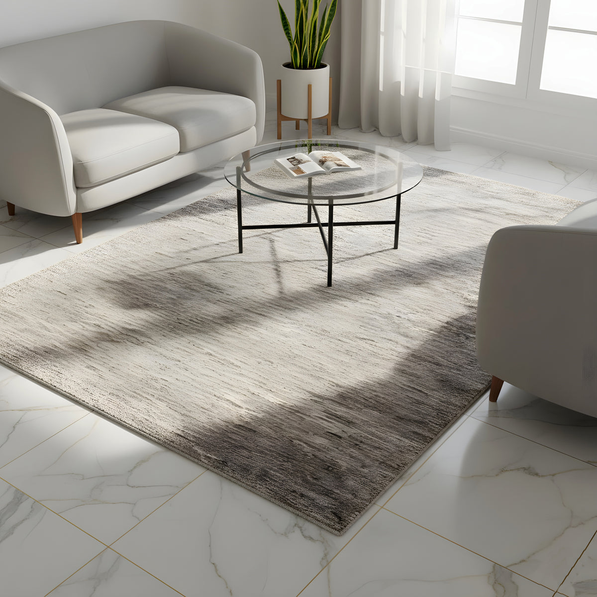 Alfombra Gabbeh rectangular con un patrón jaspeado en gris y marrón, pelo corto