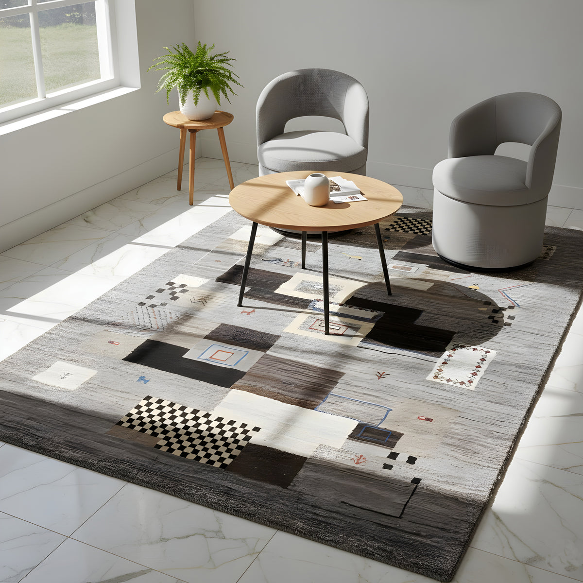 Alfombra Gabbeh de 235x171 cm, gris claro con patrones geométricos negros y beige