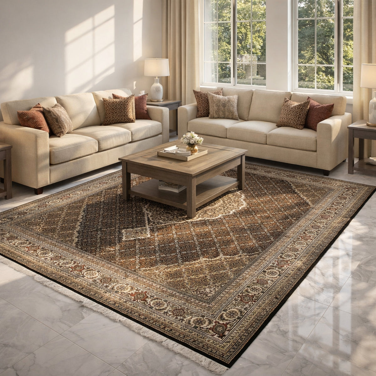 Alfombra marrón Indo-Tabriz con diseño decorativo y cenefa en la sala de estar, con flecos.