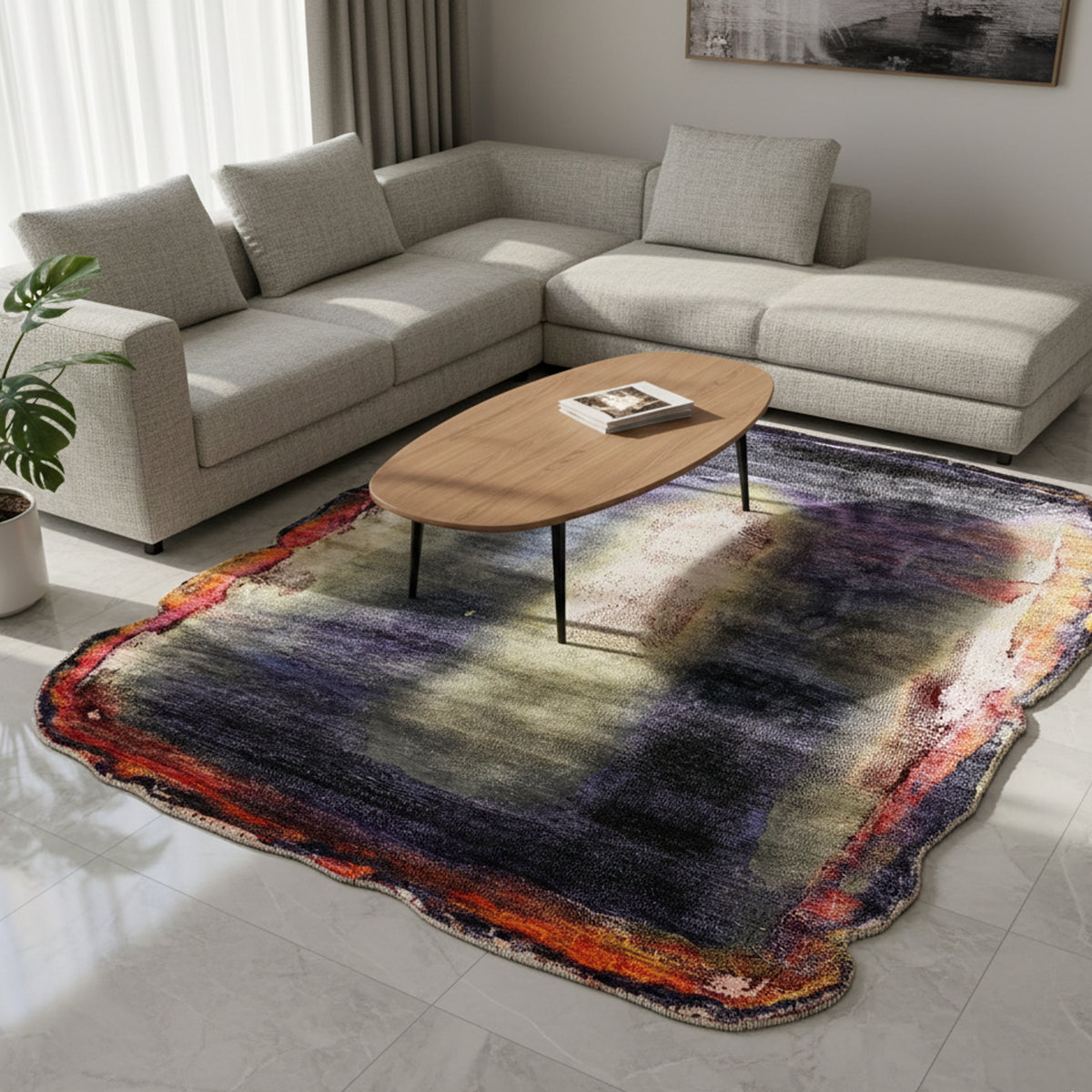 Alfombra de diseño estilo salón: abstracta en lila, azul oscuro, crema y naranja, con esquinas redondeadas.