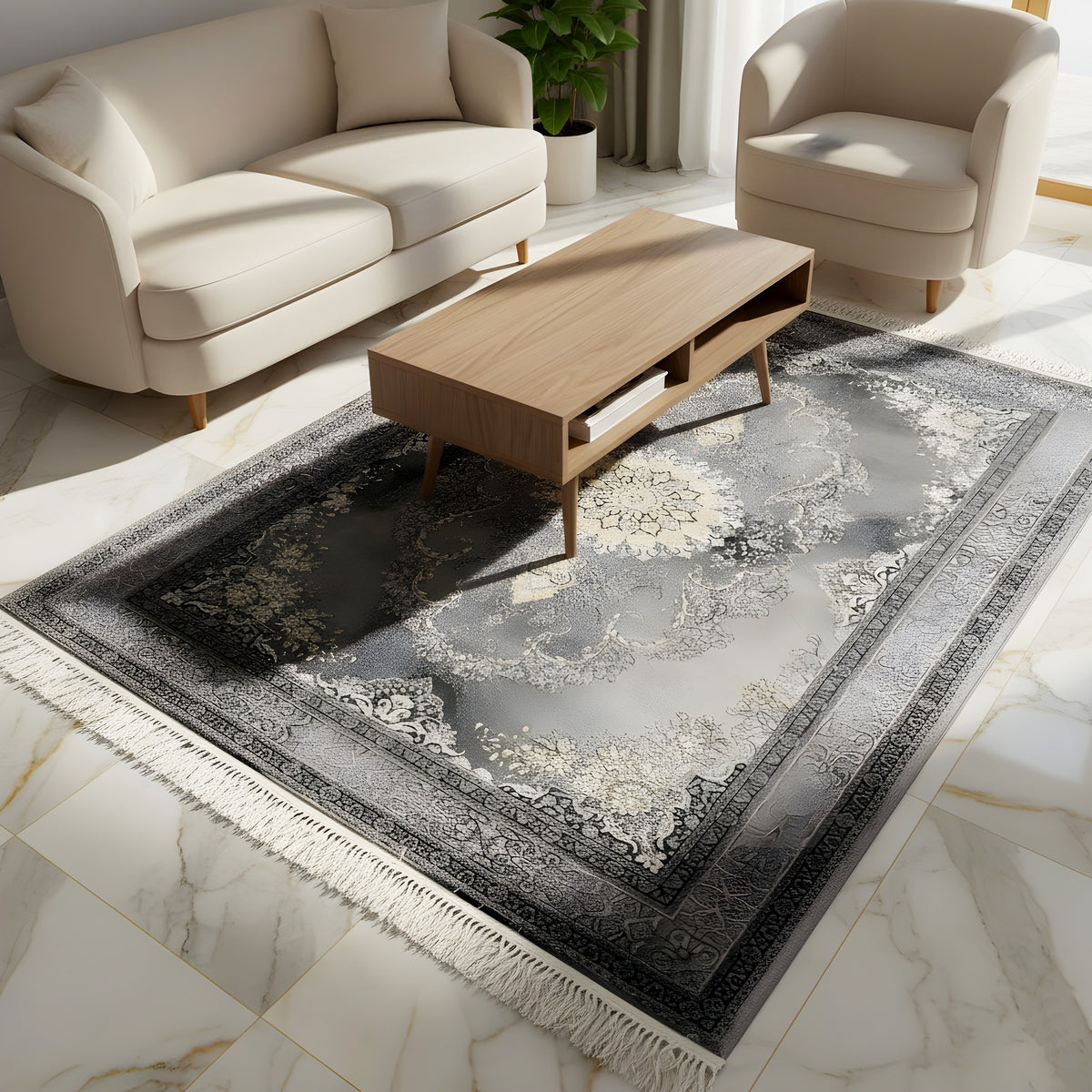 Alfombra Kashan sobre baldosas claras, patrón de medallón gris con marco ornamental y flecos