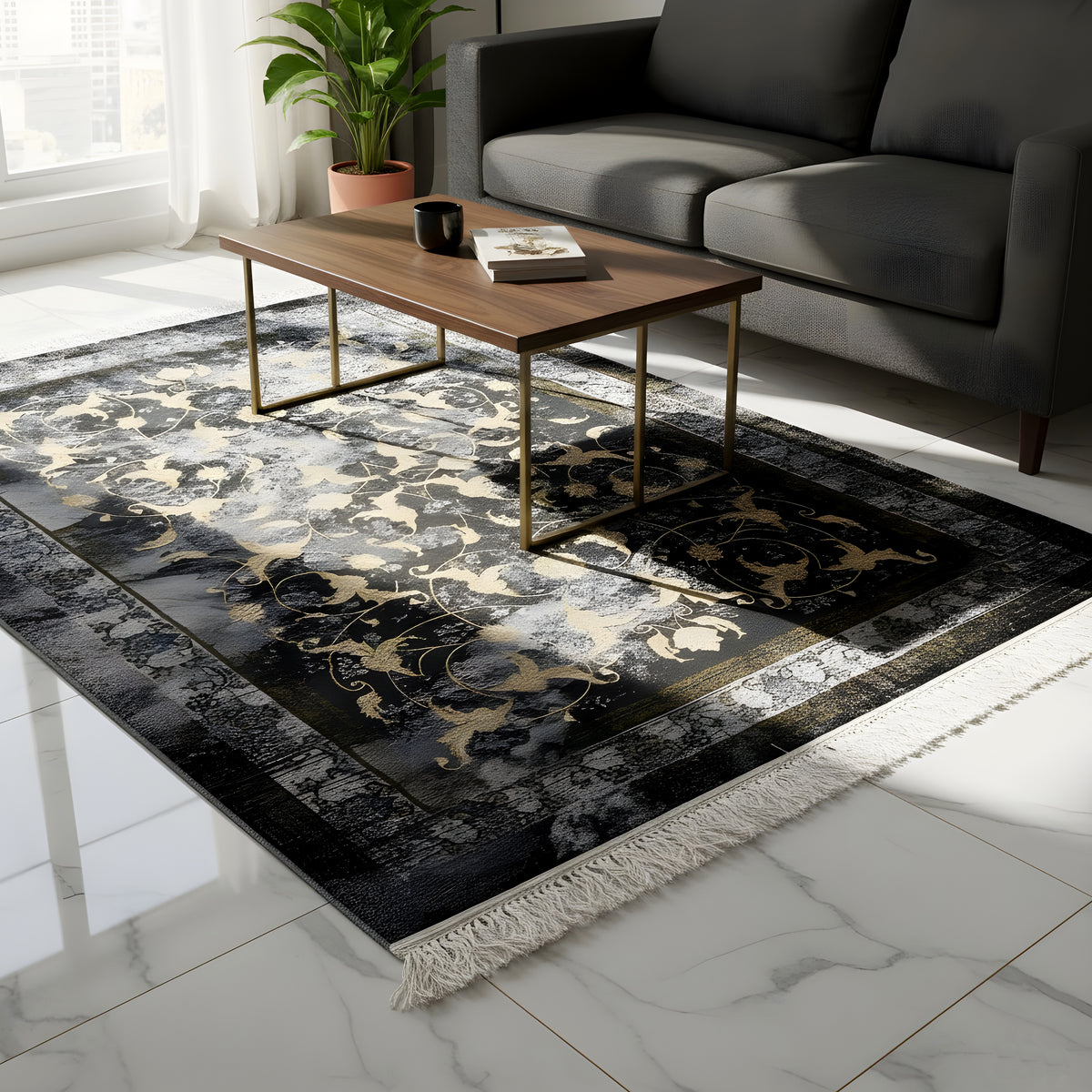 Alfombra de 160x230 cm con diseño barroco dorado, superficie oscura y flecos