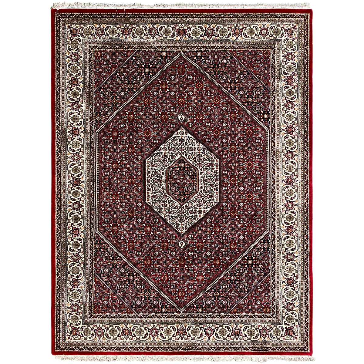 Alfombra Bidjar roja con diseño de rombos, cenefa decorativa y flecos, aprox. 244x173 cm