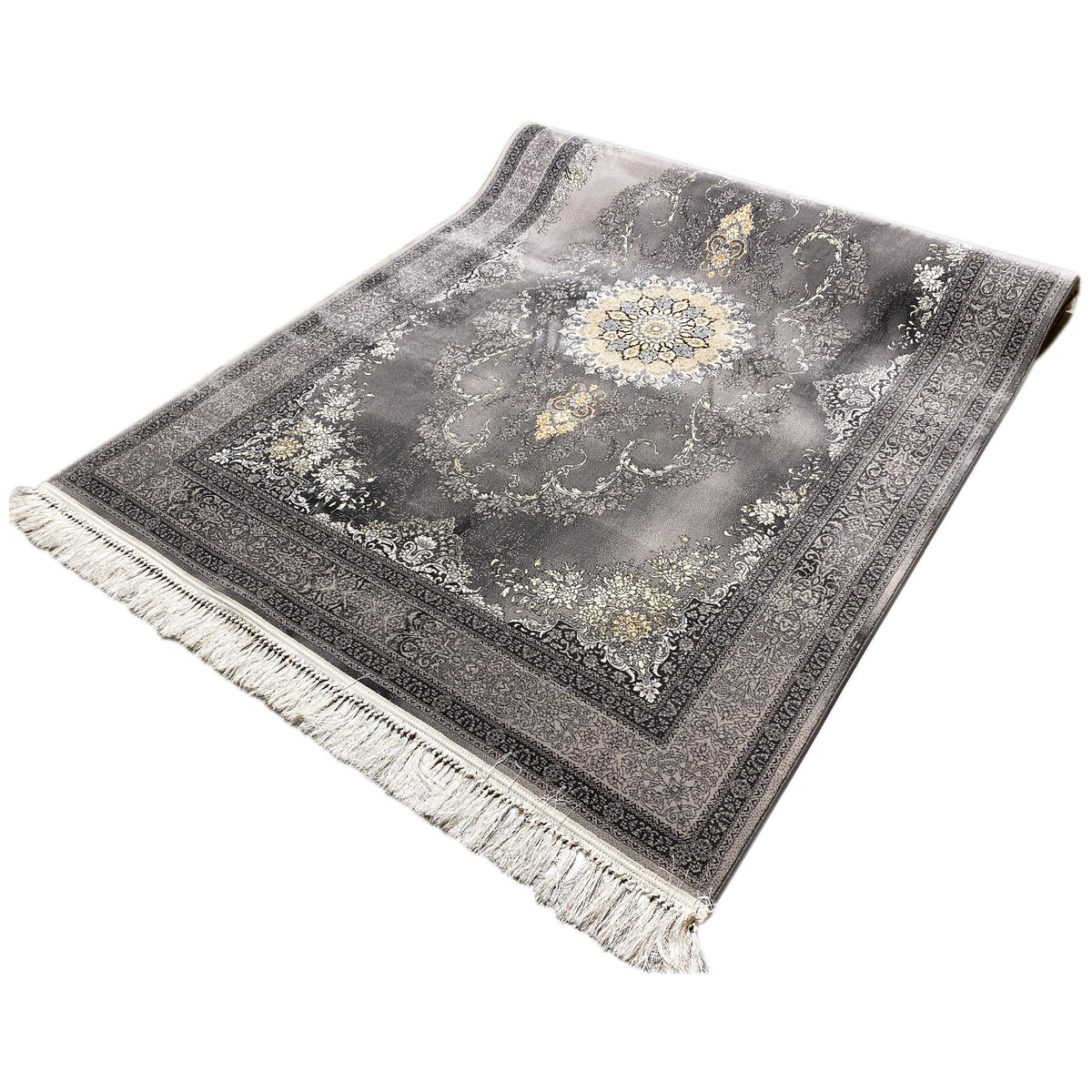 Alfombra Kashan de 160x230 cm en gris con diseño de medallón y flecos
