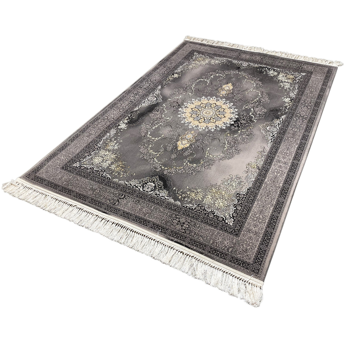 Alfombra Kashan de 160x230 cm, con diseño ornamental gris y detalles dorados