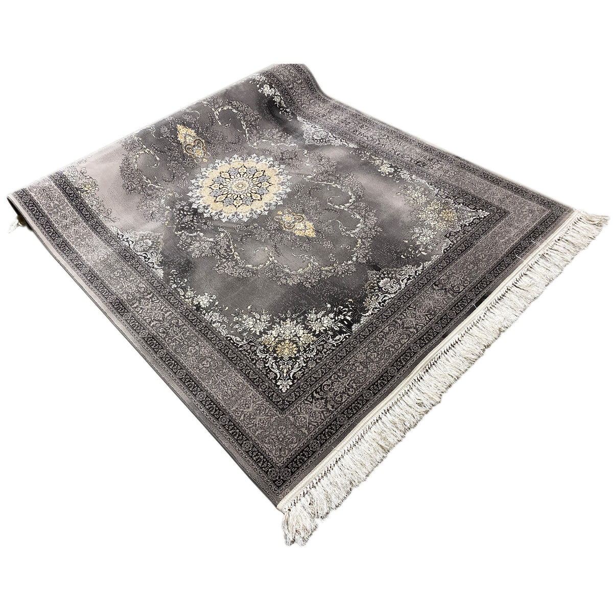 Vista de esquina de alfombra Kashan de 160x230 cm: medallón gris, cenefa en contraste oscuro