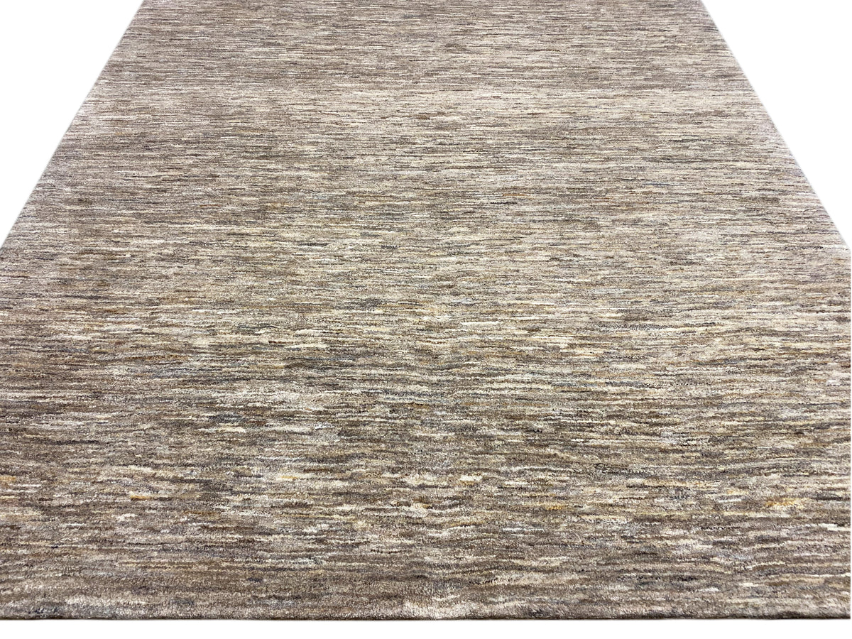 Alfombra Gabbeh, vista inferior: patrón jaspeado en beige y gris, pelo corto uniforme