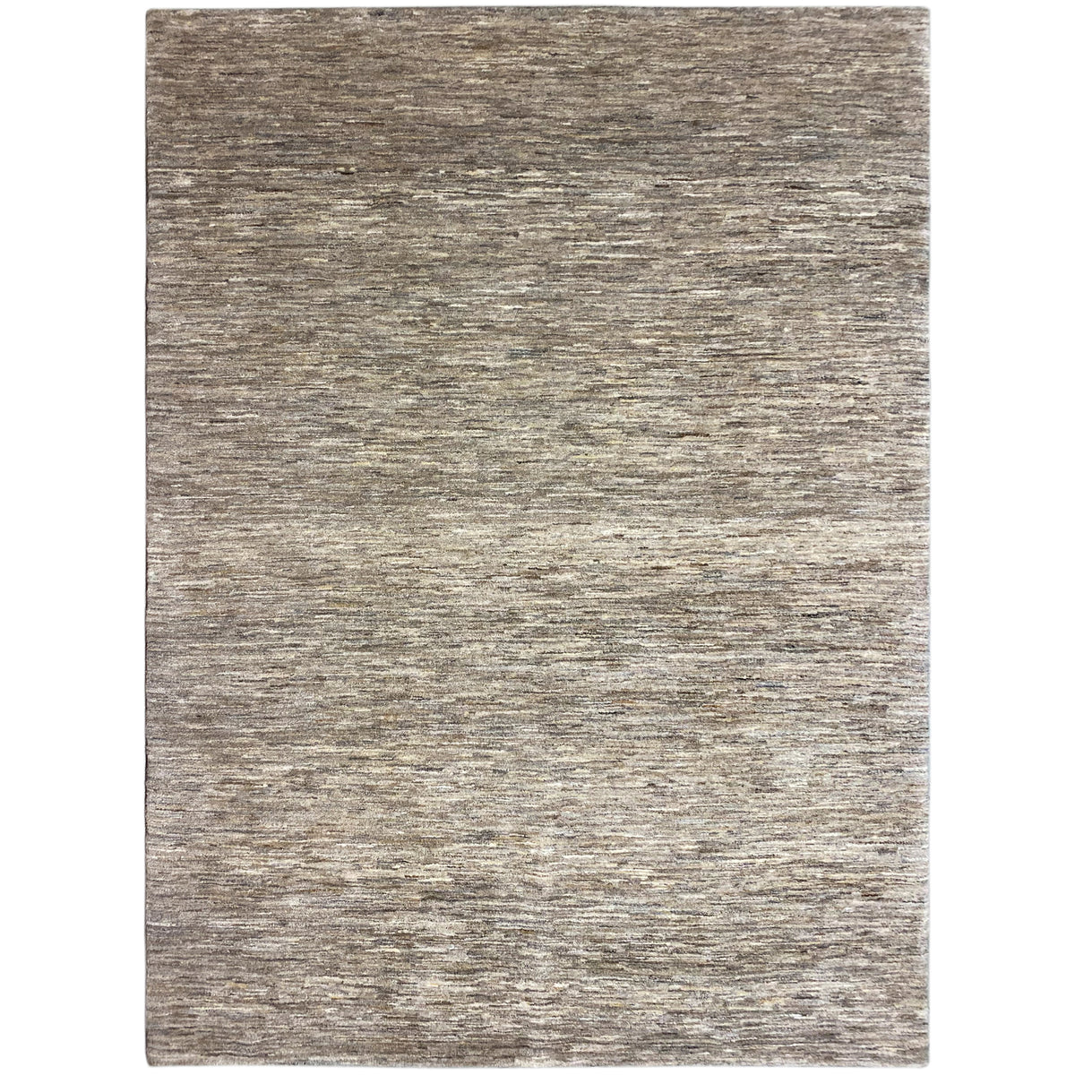 Alfombra Gabbeh, vista frontal: superficie rectangular jaspeada en beige y gris con textura fina