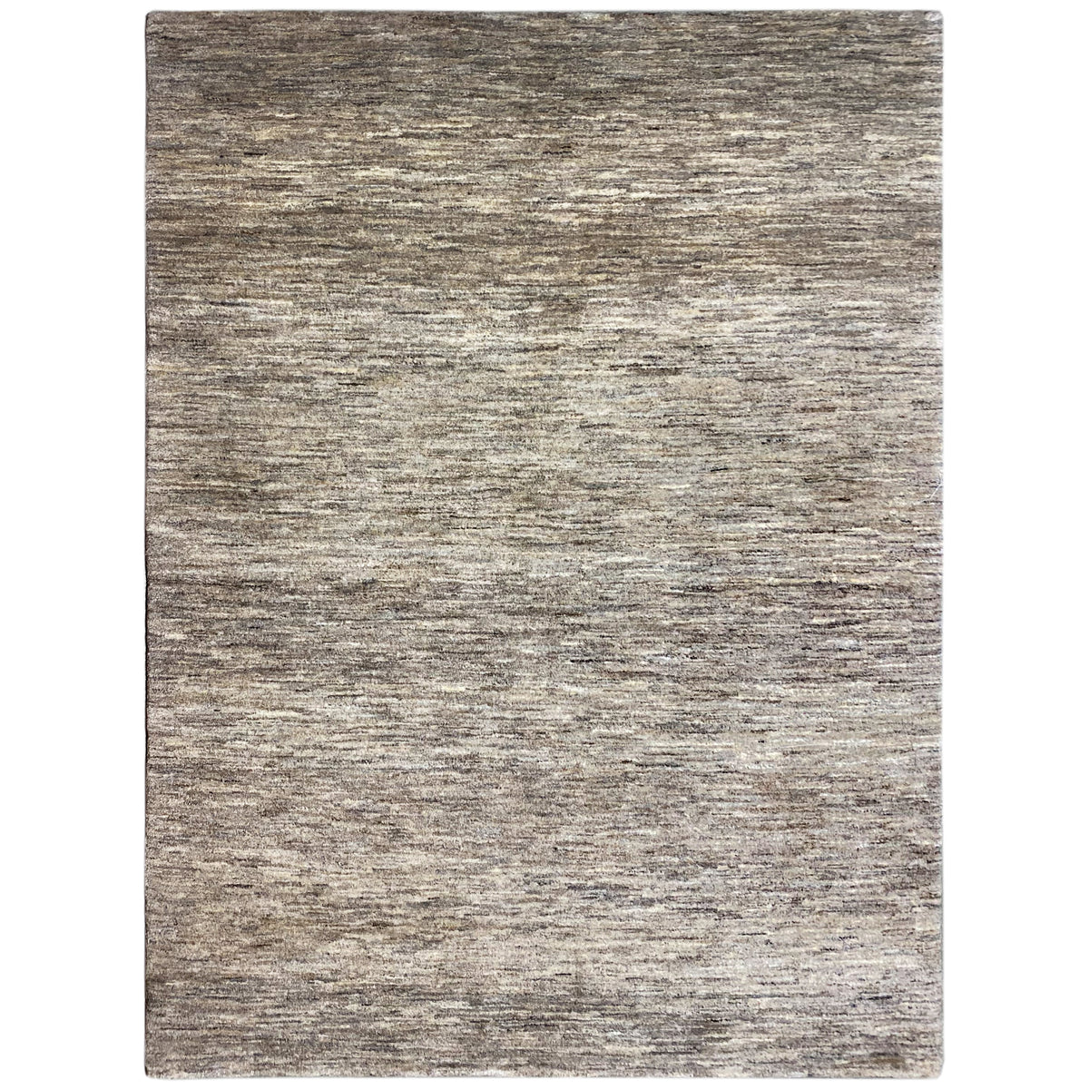 Vista frontal de alfombra Gabbeh, aspecto jaspeado gris-beige horizontal