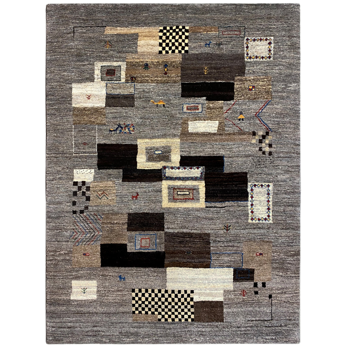 Alfombra Gabbeh 235x171 cm, formas geométricas en gris, negro y beige
