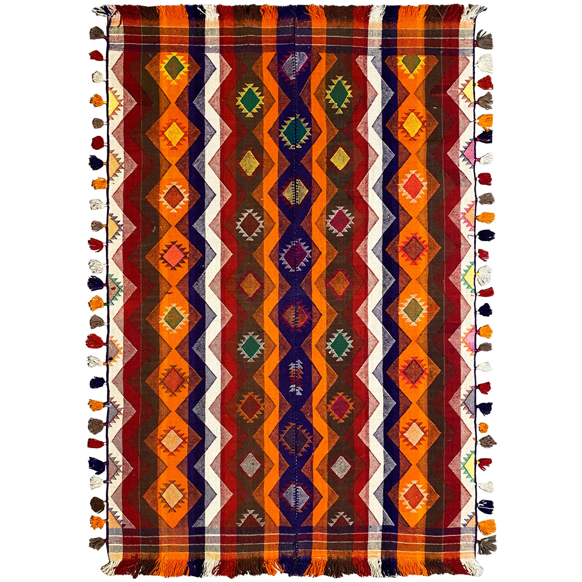 Alfombra kilim de 237x150 cm con patrón geométrico de rombos en naranja, azul y multicolor