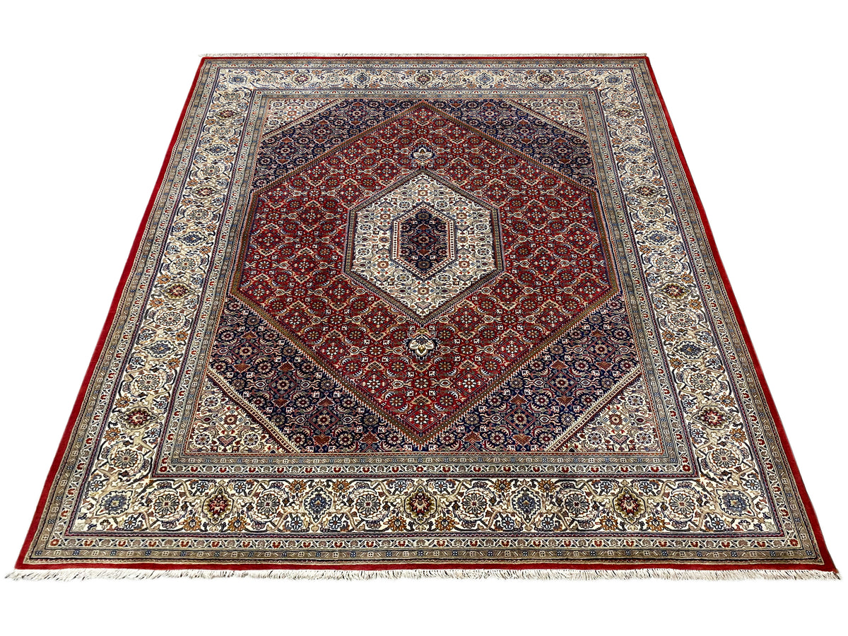 Alfombra con motivo de corazón/medallón rojo y cenefas ornamentales multicolor