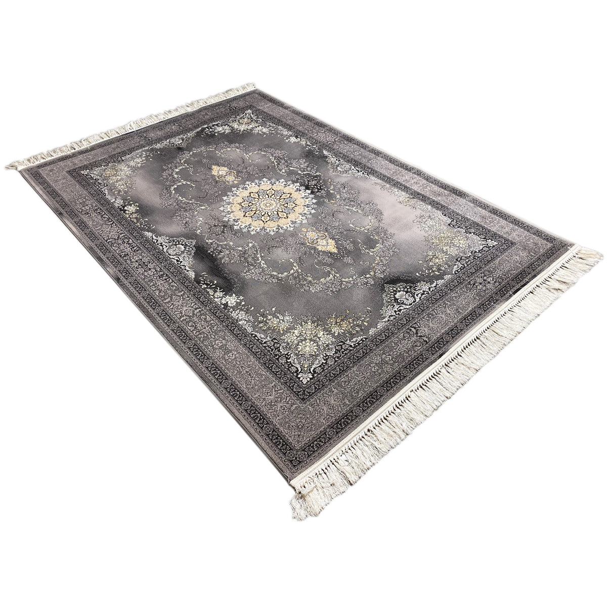 Alfombra Kashan de 160x230 cm, perspectiva triangular: campo ornamental gris con flecos