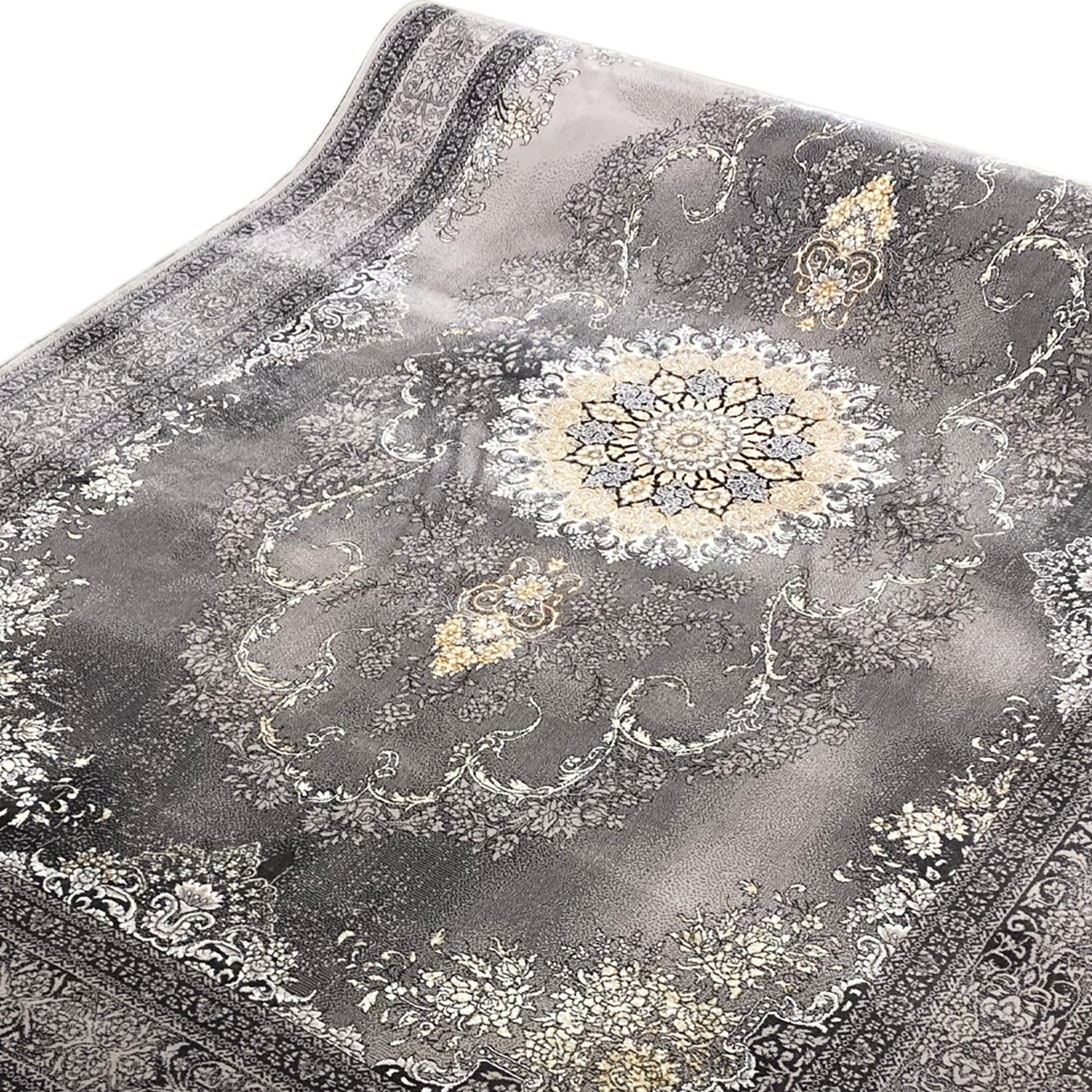 Alfombra Kashan con medallón, pelo gris y ornamentos decorativos dorados y blancos