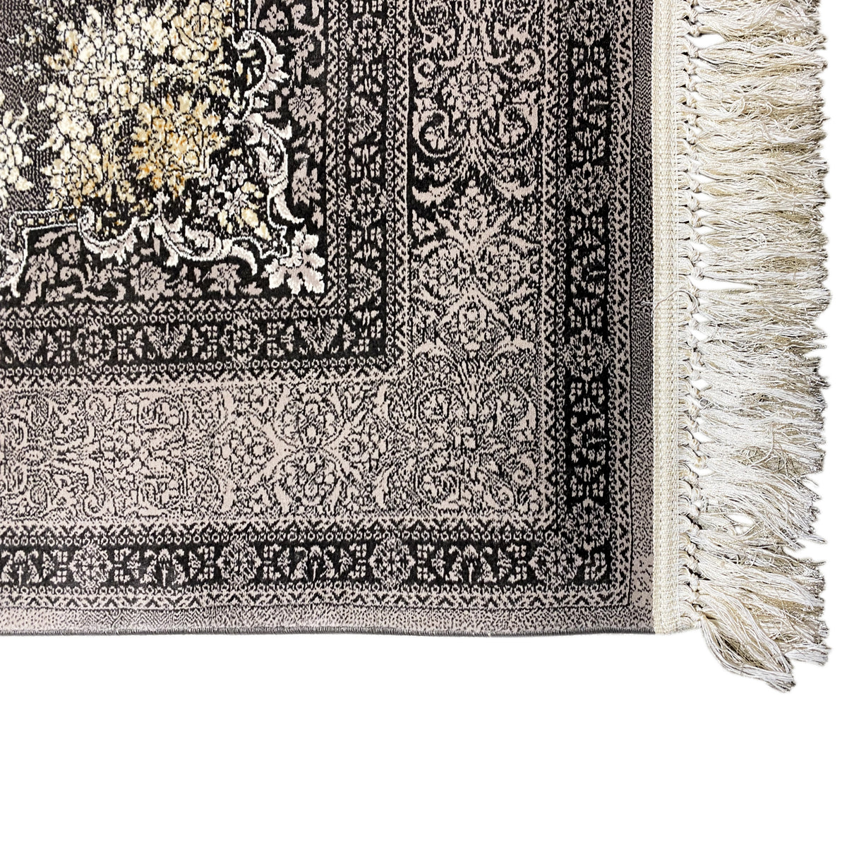 Borde de alfombra Kashan con flecos: pelo negro con estampado blanco y dorado