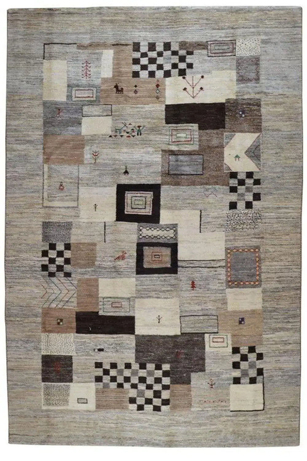 Alfombra Gabbeh 9300345: patchwork geométrico en beige claro, gris y negro