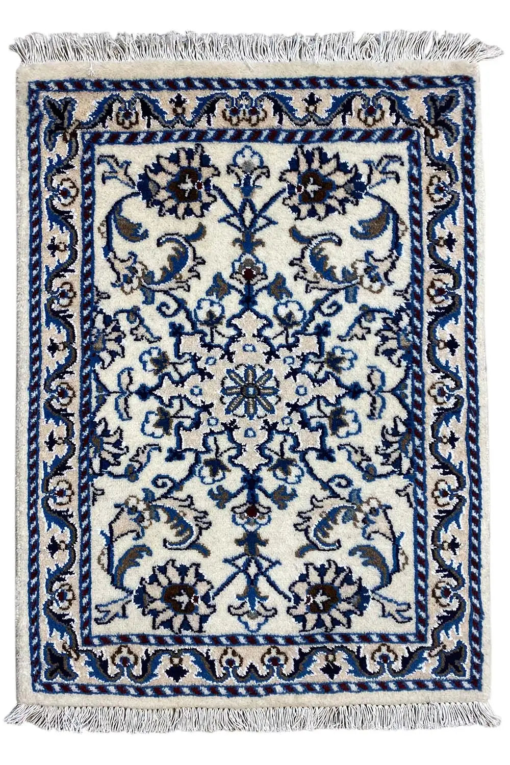 Alfombra Nain azul y blanca con flecos, rectangular, 85x59 cm, con estampado ornamental